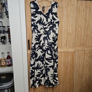 Sleeveless Cream Maxi Dress with Navy Leaf Print